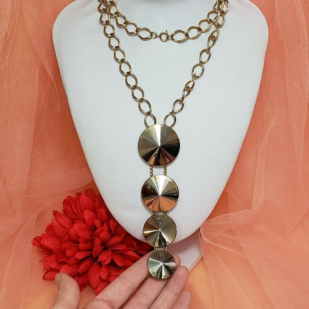 Vintage Signed Hobe Gold tone Pendant Necklace 30" Long Chain Cone Pendant